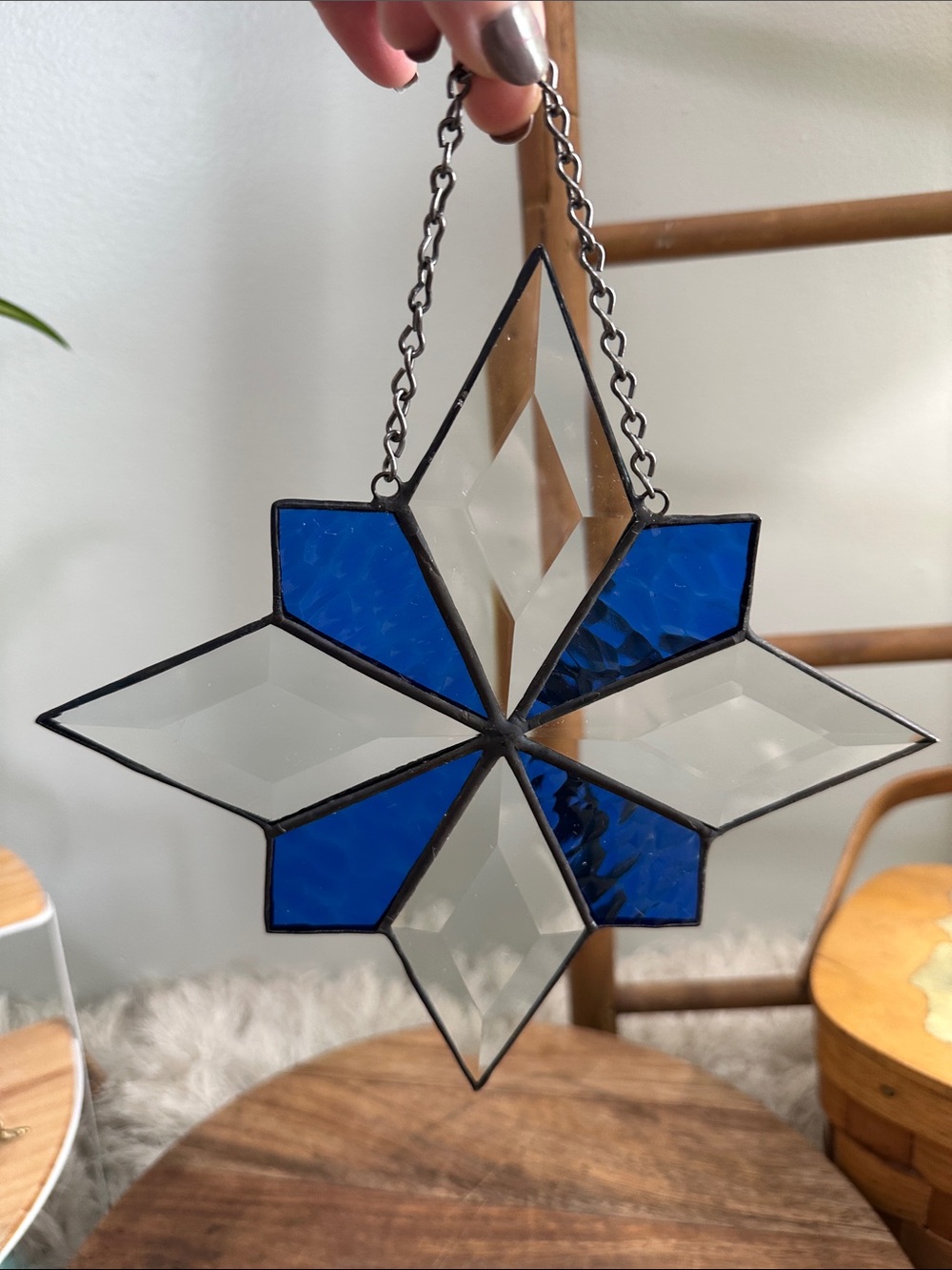 Cobalt Blue‎ and Clear Stained Glass Star Suncatcher 8-Point Window Hanging